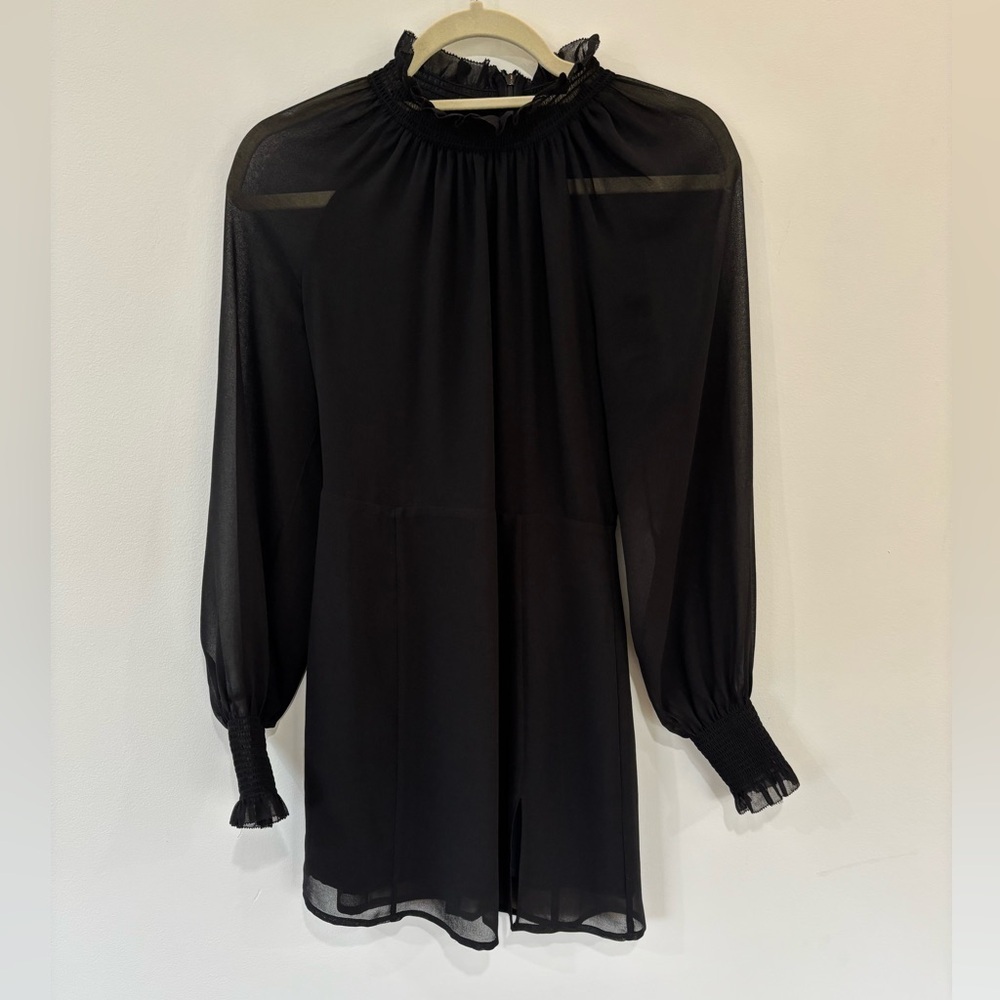 Aritzia Wilfred Ruffle Mock Neck Sheer Sleeve Mini Dress